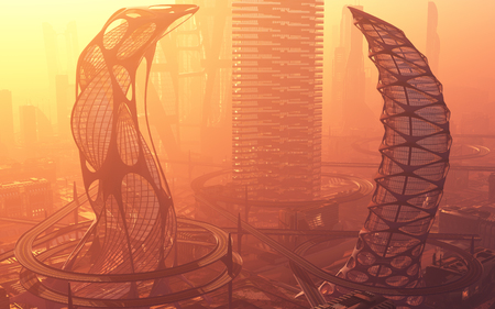 View of the city at dawn.3d renderの写真素材