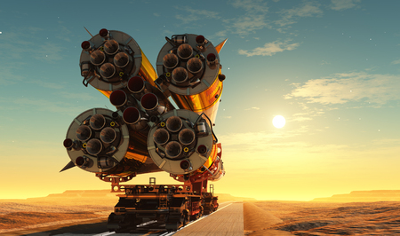 Baikonur with the spacecraft against the sky,3d renderの写真素材
