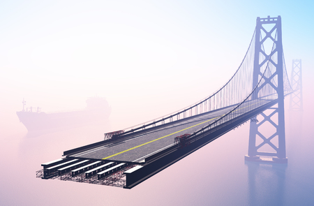 Building a bridge in the fog. ,3d renderの写真素材