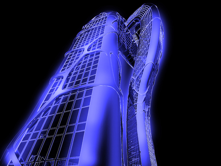 3D graphic image of building construction on a black background.の写真素材