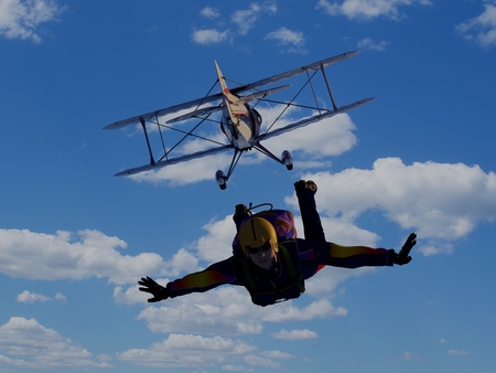 Plane in the sky and parashutist., 3d render