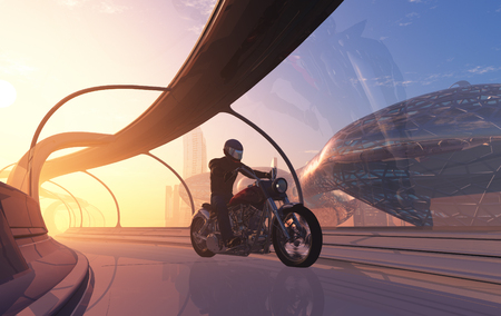 Modern motorcycle in a glass tunnels.,3d renderの写真素材