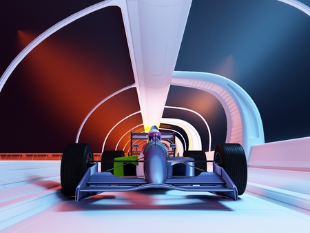 Racing cars in a glass tunnels.,3d renderの写真素材