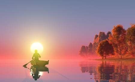 Man on a boat on the background of the river., 3d renderの写真素材