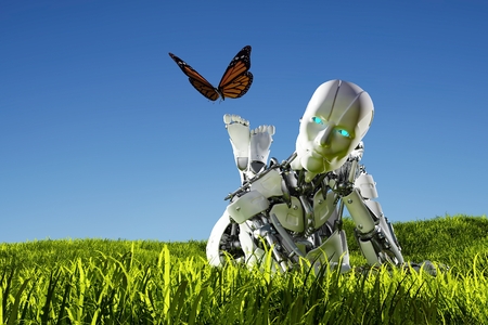 Robot and butterfly on the grass. 3d renderの写真素材