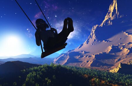 Girl on a swing on the background of mountains.,3d render