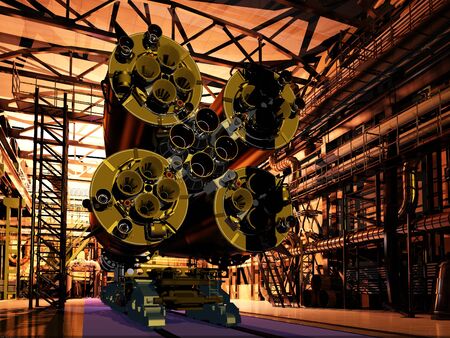 Space rocket in the hangar.3d render