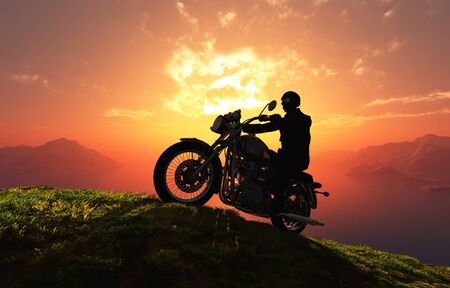 Motorcyclist on the background of the landscape.3D renderの写真素材