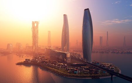 The modern city on the shore in the evening. ,3d render