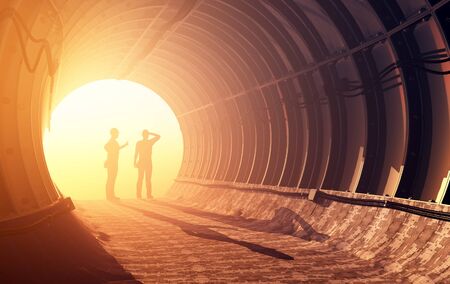 Silhouette of workers in mine, 3d renderの写真素材