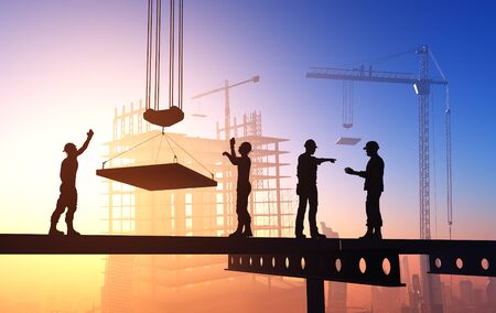 Workers against the background of the city., 3d render