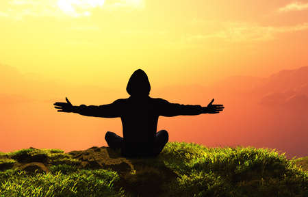 Silhouette of a tourist on a sunset.,3d render
