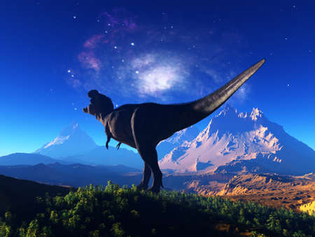 Giant dinosaur in the background of the colorful sky., 3d renderの写真素材