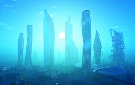 Modern building on a background sky, 3d renderの写真素材