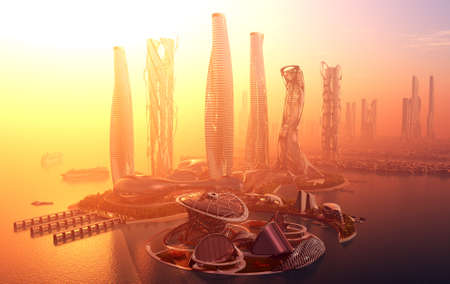 Future City on the coast.3d renderの写真素材
