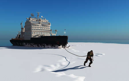 The man pulls the ship. , 3d render