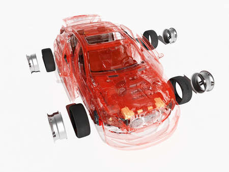 Disassembled car on a white background., 3d render