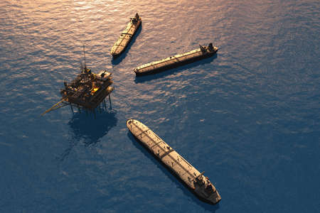 Oil production into the sea from above. 3d render