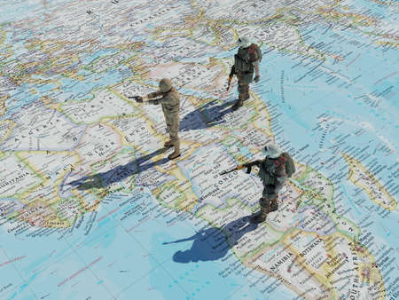 A group of soldiers are on the world map., 3d renderの写真素材