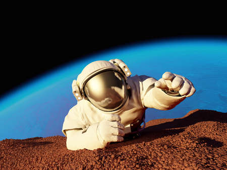 Astronaut crawling on the planet., 3d render