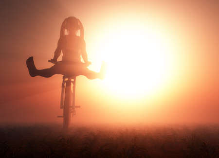 A cheerful girl rides a bicycle in the desert.3d renderの写真素材