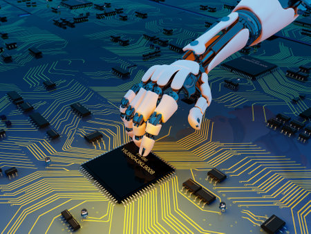 Microcircuit and robot arm. , 3d render