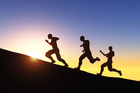 Group of people running at dawn., 3d renderの写真素材