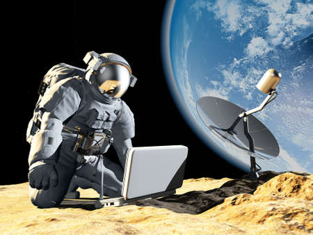 Astronaut on his knees near the solar battery.  3d render