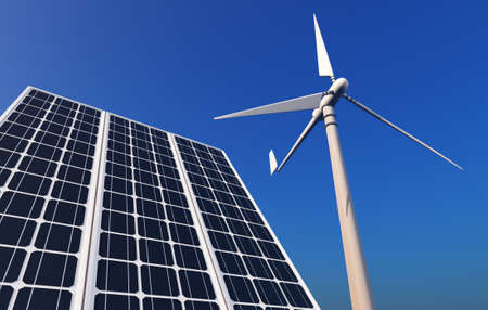 Of wind generators and solar panels on the sky., 3d renderの写真素材