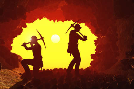 Silhouettes of workers in the mine., 3d renderの写真素材