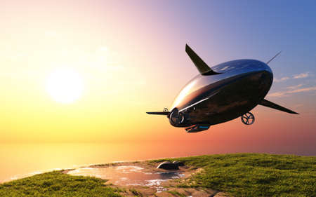 Modern airship over the green grass. , 3d renderの写真素材