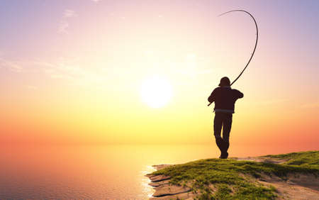 Silhouette of the fisherman on the beach.3d render