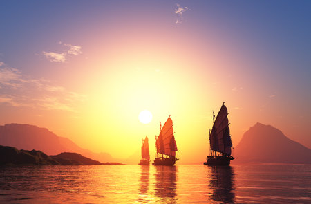 Old boat with sails on a colorful background lanshafty.3d renderの写真素材