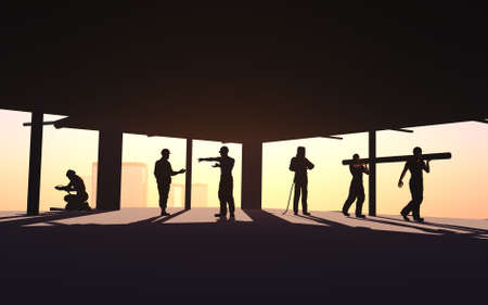 Silhouette of the workers on a background of the sky, 3d render