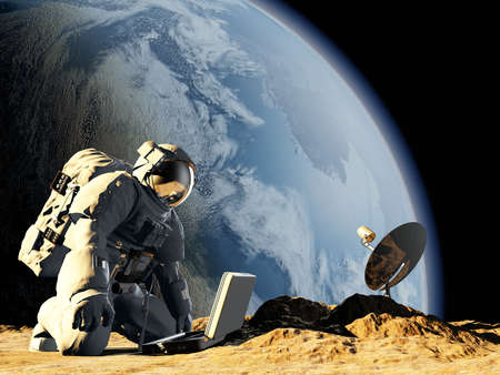 Astronaut on his knees near the solar battery. "Elemen ts of this image furnished ",3d renderの写真素材