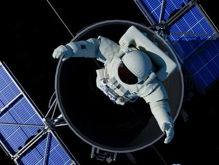 Astronaut goes through the hatch into space. 3d render