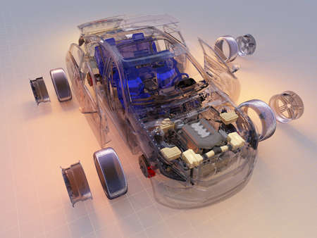 Disassembled car on a pink background., 3d render