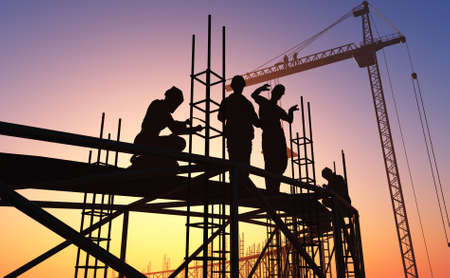 Silhouettes of workers against the background of the city.3d render