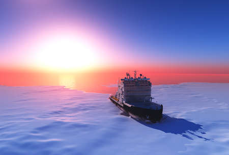 Icebreaker ship on the ice in the sea.,3d render