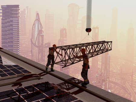 Silhouette of a worker in the background skyscrapers,3d render