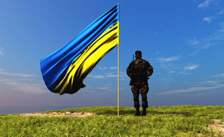 Ukrainian flag and soldier against the blue sky. .3D renderの写真素材