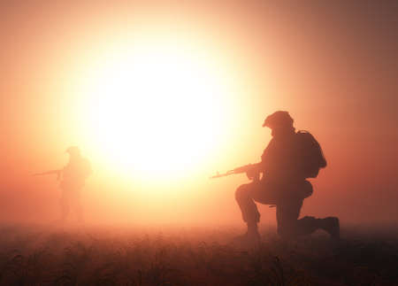 Silhouette of a soldier against the sun.,3d render