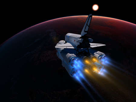 The space ship on the background of the planet. 3d render
