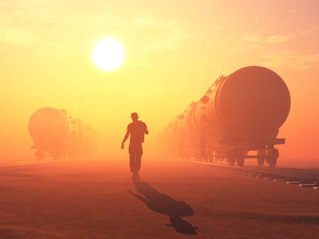 Silhouette of the worker and the tank in the fog.,3D render