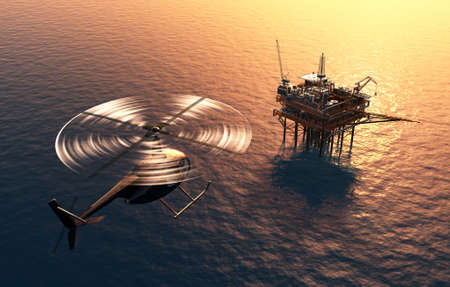 The helicopter is above the working platform. 3d rendering