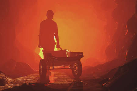 Miners with a wheelbarrow in the mine., 3d render