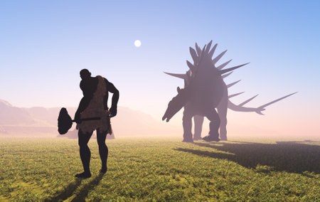 Ancient people against the evening landscape..3d renderの写真素材
