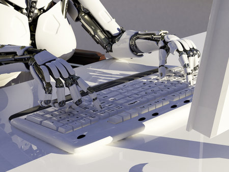 A robotic arm on a laptop.3d renderの写真素材