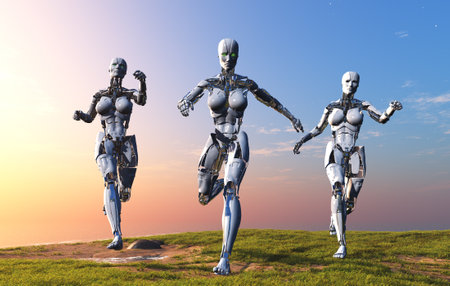 Two cyborgs are running along the road.,3d renderの写真素材