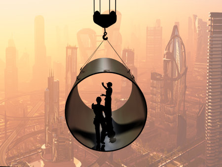 Silhouettes of workers in a pipe.,3d renderの写真素材